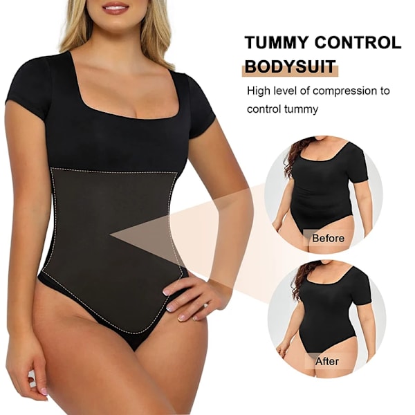 Body för kvinnor Magkontroll Shapewear sömlösa kortärmade stringtrosor med fyrkantig hals Sculpting Klassiska tighta skjortor med gren Black XXXL