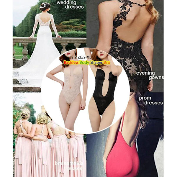 2020 Woman Deep V Bodysuit Clear Strap Rygglös BH Push Up Vadderad BH Body Shaper Suit Cabriolet Sömlös Låg Rygg Khaki 34(M)