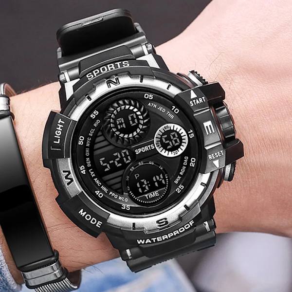 YIKAZE Svart Watch Militär Watch Digitala herrklockor Vattentät Countdown Date LED Elektronisk Armbandsur Klocka B-Black silver