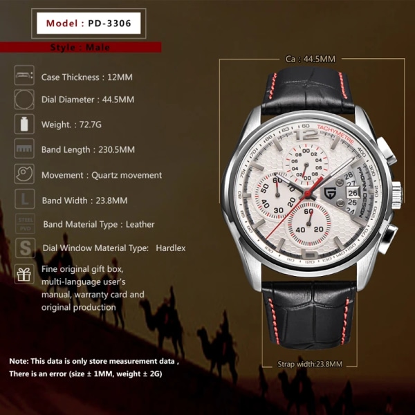 Pagani Design New Chronograph Stop Watch Luminous Watch Single Calendar Sports Läderklockor för män -PD-3306BRE white red B