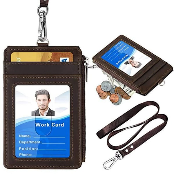 Kontor unisex PU-läder ID-bricka Korthållare plånbok med 5 kortplatser 1 sido RFID-blockeringsficka med halsbandsrem Deep Brown