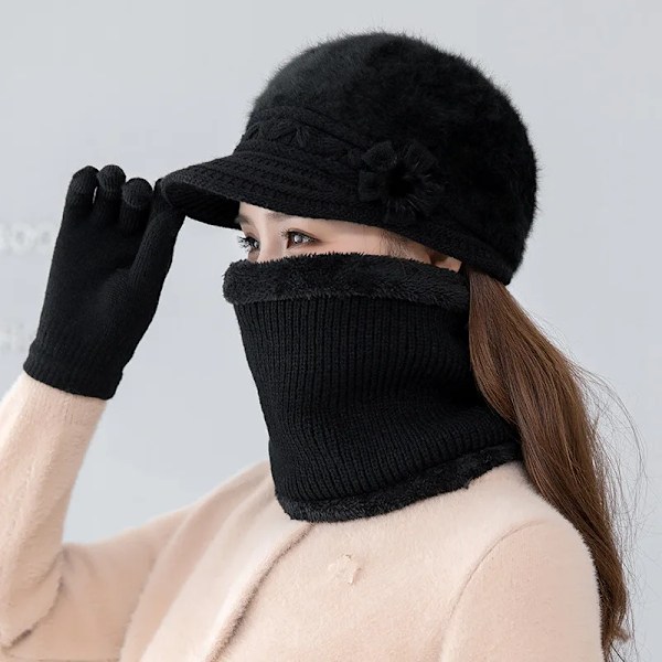 Ny vintermössa Tjock varm stickad mössa Halsduk Vantar 3-delars set för kvinnor Elegant blommig basker Utomhus Skidåkning Ridhjälm black 3pc