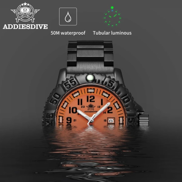 ADDIES Ny Orange Watch Sports Luminous Herrklocka Toppmärke Lyx Helt stål Quartz Klocka Vattentät Date Watch Herr 050-talet Black nylon B