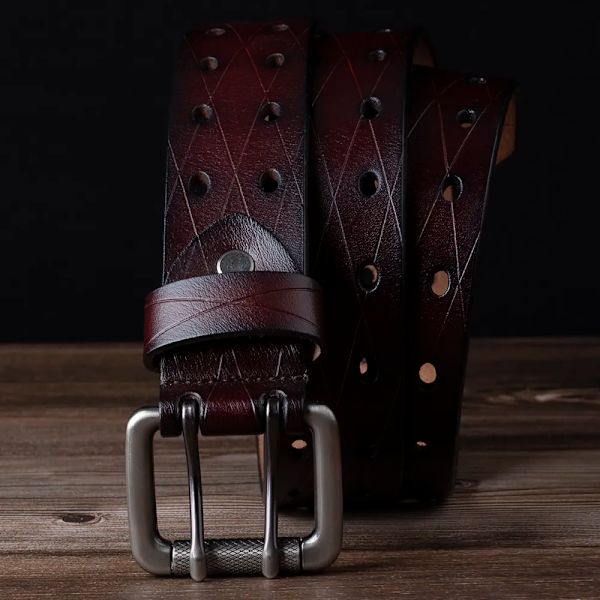 Mäns läder dubbelnålsspänne Klassiskt dragradshål Jeansbälte Cowboy Square Hole Coffee 115CM
