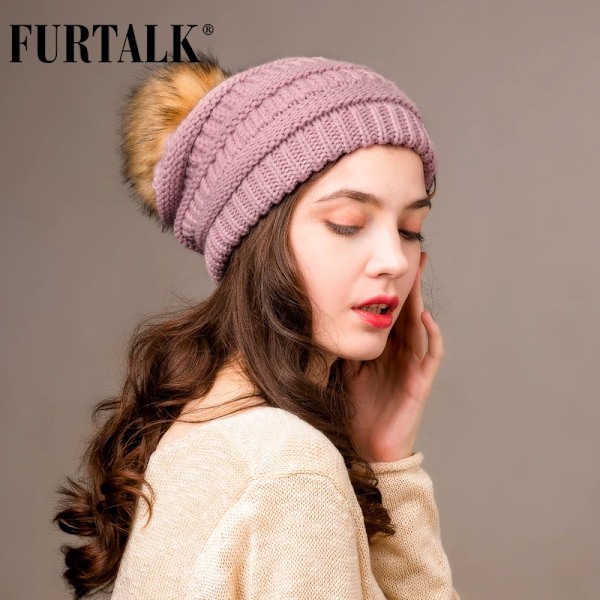 Talk Höst- & Vintermössa för Kvinnor Stickad Pompommössa Slouchy Beanie Skullies för Kvinnor Svart Röd Gul Bonnet Cap rose red as picture
