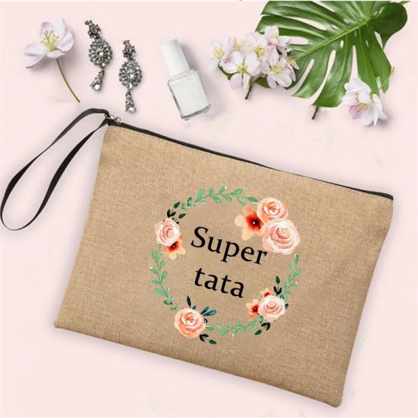 Super Tata Wreath Print Linne Sminkväskor Kosmetisk väska Dragkedja Resor Toalettsaker Organizer Kvinnor Neceser Bästa presenterna till Tata Q08083-A012BR-S