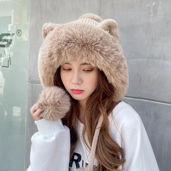 Cokk Vintermössor för Kvinnor Beanie Söta Kattungeöron Stickad Bonnet Femme Tjock Sammet Håll Varma Vintermössa Med Pompom Gorro Ny khaki 55-59cm