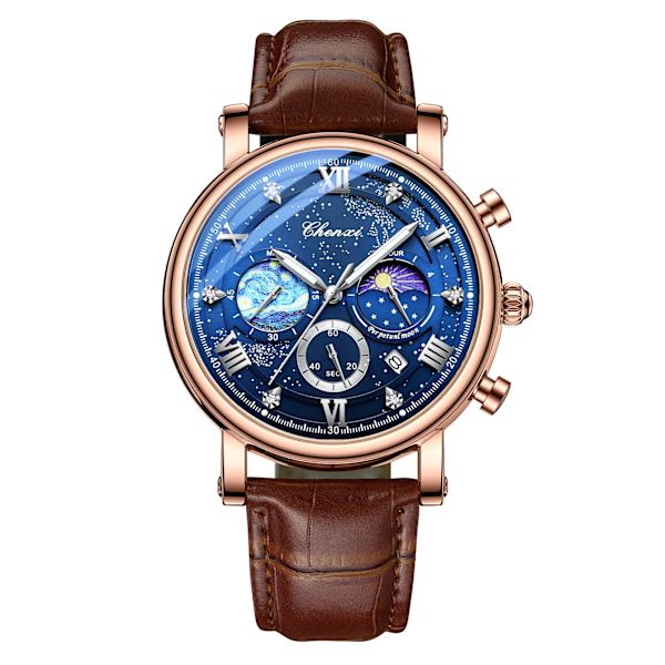 CHENXI Herrklockor Top Märke Lyx Läder Kronograf Watch För Herr Mode Date BusinessVattentät självlysande klocka RoseGold Blue