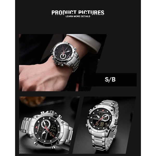 NAVIFORCE Top Brand Lyx Watch Herr Vattentät Quartz Digital Led Man Klocka Militär Sport Rostfritt stål Man Armbandsur 9163 NA919506 without box