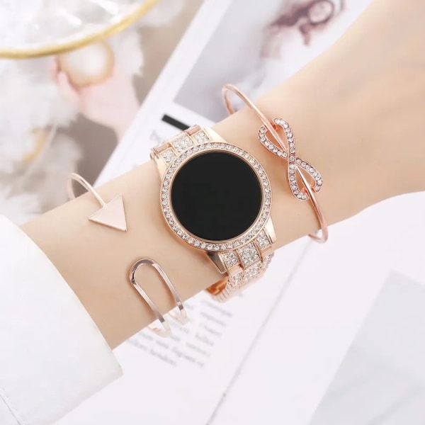 Elektronisk LED- watch för damer Set med diamantarmband Full Diamond Watch A08537 Rose