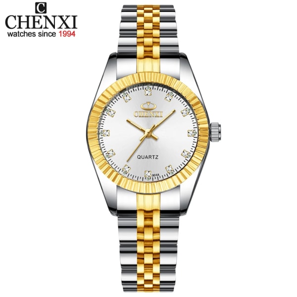 CHENXI Luxury Style Watch i rostfritt stål Kvartsklockor Vattentät Diamant Kvinna Armbandsur Mode Elegant Damklocka 004A Silver White