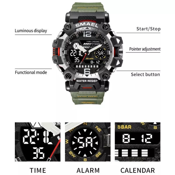 SMAEL Herrklockor 50m Vattentät Watch Military Man Watch Digital 8072 Dual Display Watch Quartz Led Digital ARMYGREEN
