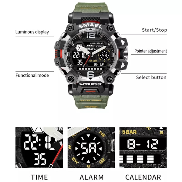 SMAEL Herrklockor 50m Vattentät Watch Military Man Watch Digital 8072 Dual Display Watch Quartz Led Digital DARKBLUE