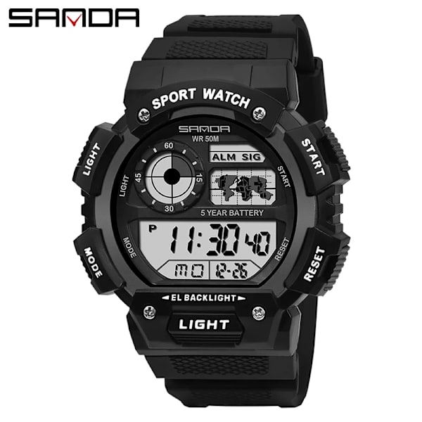 SANDA Herr Elektronisk Watch Lysande Vattentät Multifunktionell Utomhussport Herrklockor Watch Relogio Masculino 6009 Black White