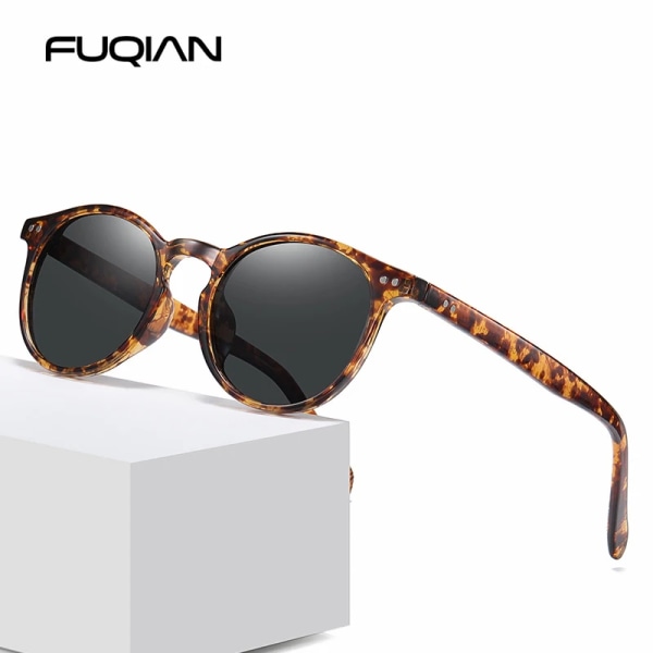 FUQIAN Fashion Runda polariserade solglasögon Herr Kvinnor Vintage Ultra Light TR90 Solglasögon Snygga Nit Körning Glasögon UV400 White Leopard Grey Polarized