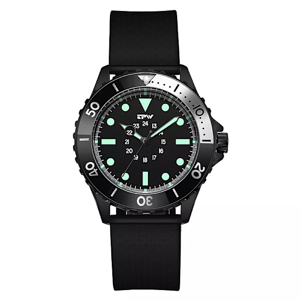 Dykare Style watch Roterande ram tygrem 40 mm svart urtavla 24 timmars display Black Rubber