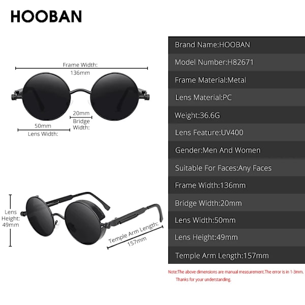 HOOBAN Klassiska Steampunk Solglasögon Män Kvinnor Retro Gothic Runda Mansglasögon Mode Metall Körglasögon UV400 Black Red As Picture