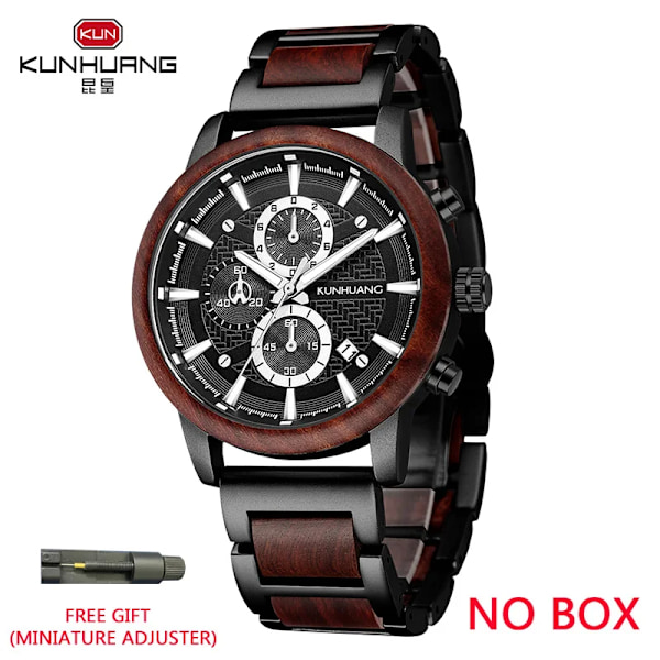 KUNHUANG Träklockor Lyxig lysande multifunktions träkvarts watch för män Mode Sport Klockor Zegarek męski Black red