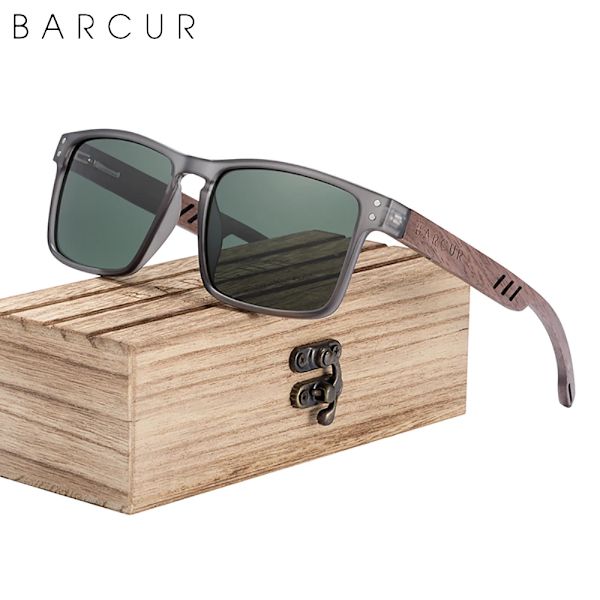 BARCUR Solglasögon för män Märkesdesigner Naturligt valnötsträ Solglasögon Dam Polariserade glasögon UV400 Eyewear Oculos Gray Greenkish Wood BARCUR