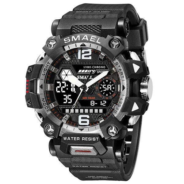 SMAEL Herrklockor 50m Vattentät Watch Military Man Watch Digital 8072 Dual Display Watch Quartz Led Digital BLACKWHITE