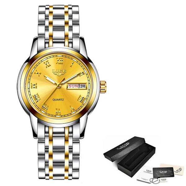 LIGE Mode Damklockor Dam Top Märke Lyx rostfritt stål Kalender Sport Quartz Watch Dam Vattentät watch All gold