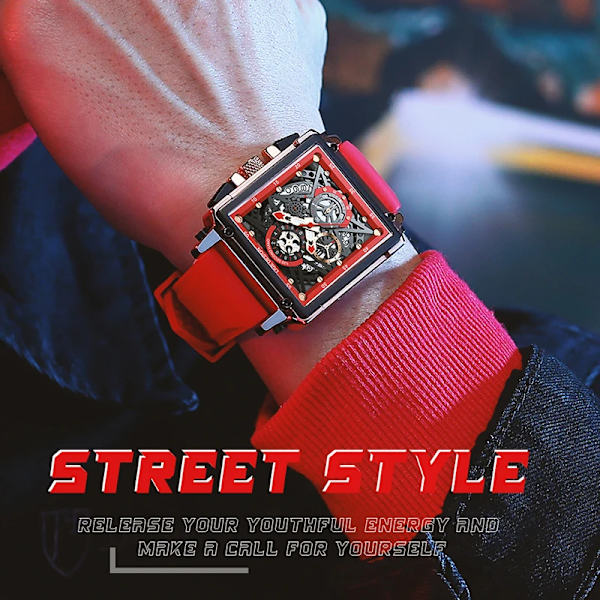 2023 nya LIGE Herrklockor Toppmärke Lyx Hollow Square Watch För män Mode Silikonrem Vattentät Quartz Armbandsur Gold red