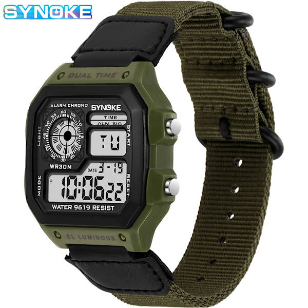 SYNOKE Digital Watch för män Led Vattentät Man Nylon Klockor Lyx Sport Man Armbandsur Stor väckarklocka Relojes Deportivos All Army Green