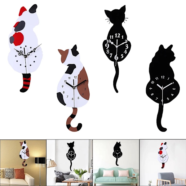 1 st 3D Katt Kvarts Väggklocka Svängande Svans Pendel Batteridriven För Sovrum 160x380mm