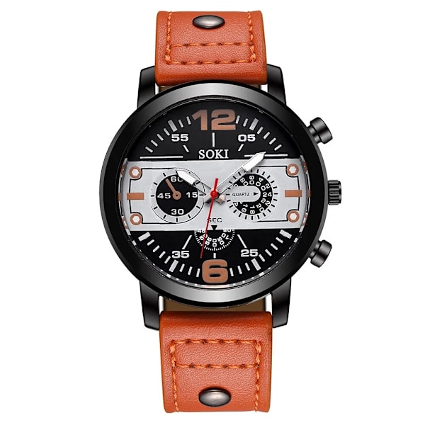 Man Fashionabla personlighet rund watch svart läder kvarts watch orange
