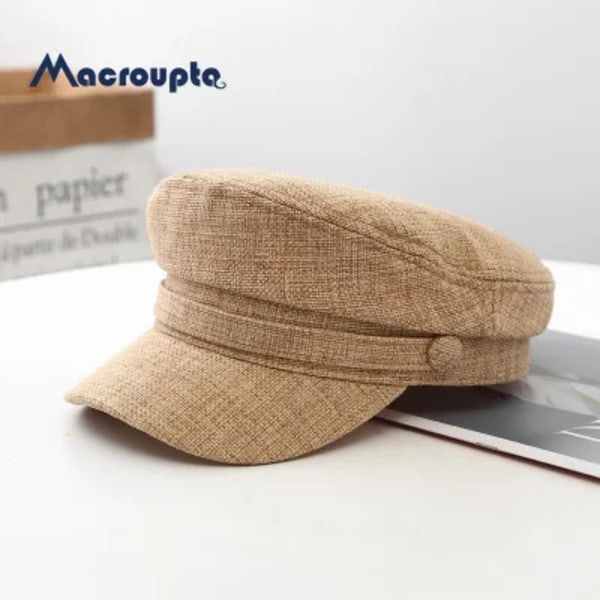 Kvinnors Hatt Platt Keps Militärkeps Vår Höst Linne Åttkantig Keps Enfärgad Platt Topp Militärhattar Ung Student Hatt Kvinna N316-Khaki 56-58cm