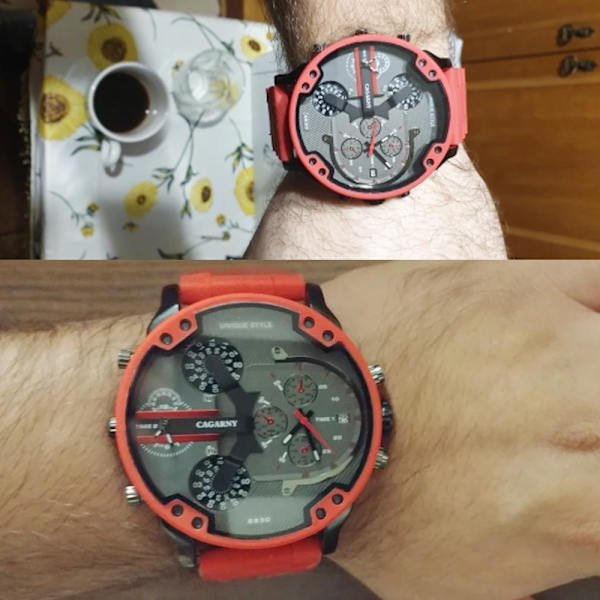 Watch Herr Lyxmärke Kända Dual Time Military Relogio Masculino 57mm 3D Stort case Quartz Herrklockor Röd Manklocka with box