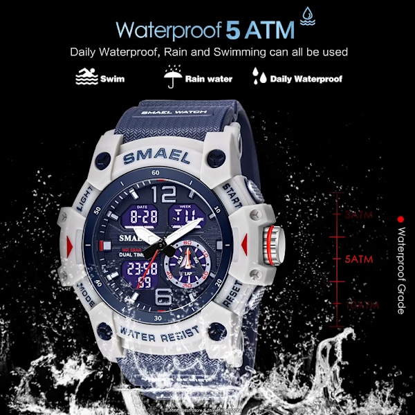 SMAEL Dual Time LED Display Watch för män Militär Sport Digitala klockor Dam Unisex Vattentät Auto Date Week Armbandsur 8007 Red-Box
