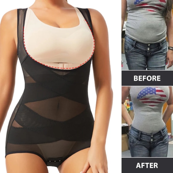 Kvinnor Bodysuit Trosor Helkroppsformare Underkläder Seamless Sexig Magkontroll Shapewear Mesh Bantning Platt Mage Underbyst Korsett Black 2XL 63-73kg