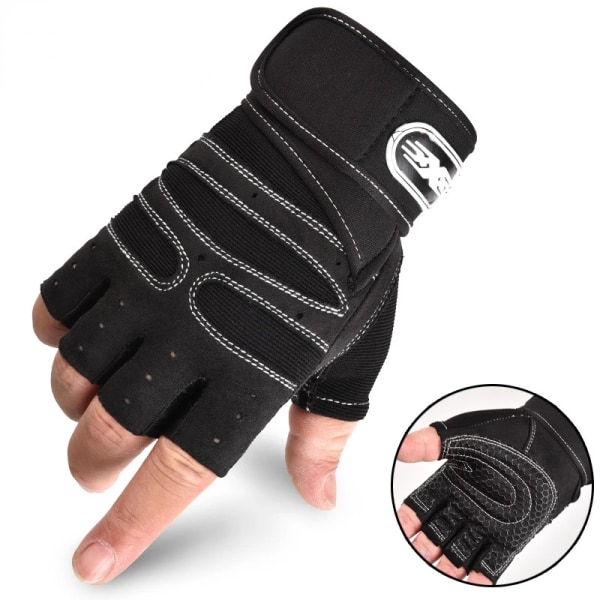 Herr Gym Handskar Tyngdlyftning Bodybuilding Träning Fitness Fingerlösa handskar Halvfinger Cykelhandskar Halkfritt handledsstöd Black White XL