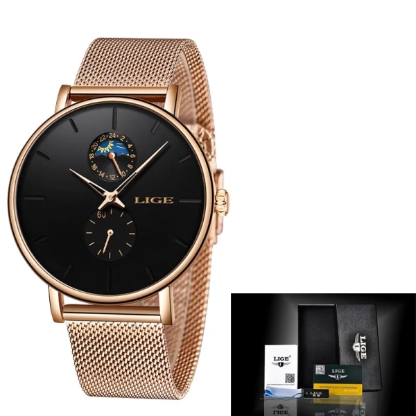 LIGE Top Märke Watch För Dammode Dam Casual Stål Vattentät Quartz Watch Presentklocka Montre Femme Rose gold black