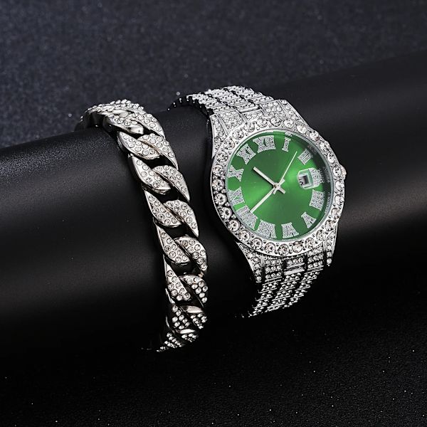 Iced Out Watch Herr Lyx Märke Full Diamond Herrklockor AAA CZ Quartz Watch Vattentät Hip Hop Man Klocka Present För Herr Silver Green Set