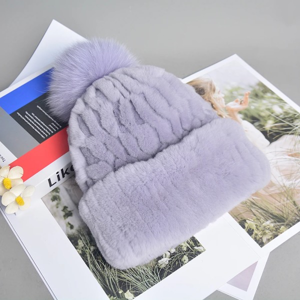 Europeiska Station Lyxiga Kvinnors RexRainbow Hattar Dam Vinter Varm Beanie Mössa Bucket Hat Med Pom Poms color 2 elasticity 52-60cm