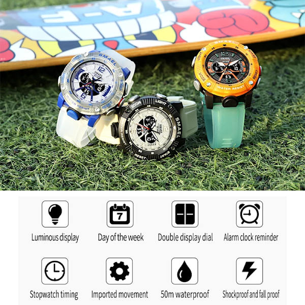 Sportklockor Vattentät SMAEL Manklocka Digital LED Display Kvarts Analog Stoppur Mode Grön Orange Klocka 8058 Watch GRAY