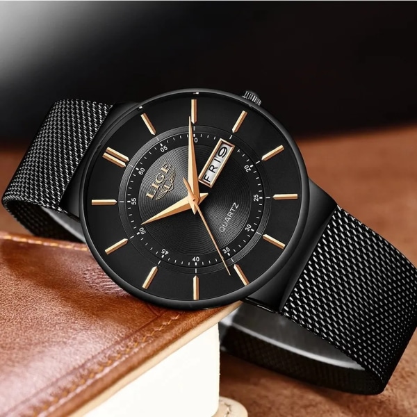 2023 Lyx Herrklockor Vattentät Ultratunn datumklocka Man Stålband Casual Quartz Watch Herr Watch Man rose gold black