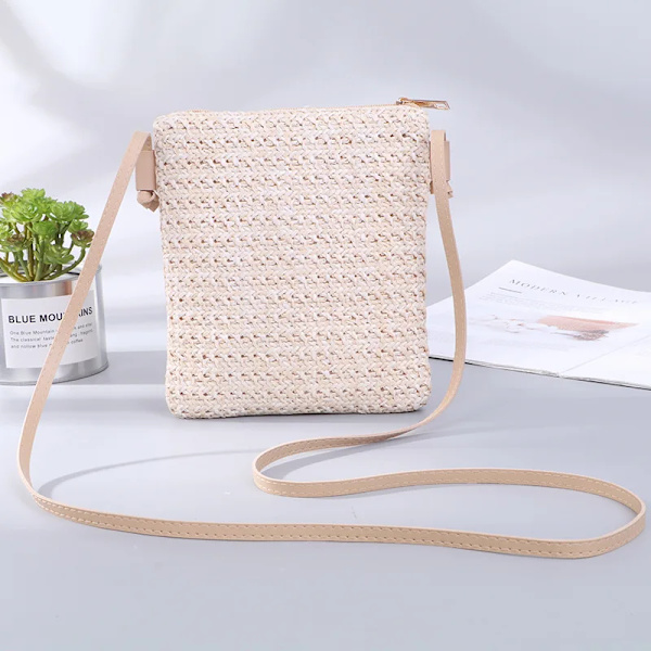 Halmfläta dam Små fyrkantiga väskor En axel lutande väska Handväska Myntväskor Sommar Casual Söt Semesterväska Beige Mini(Max Length20cm)