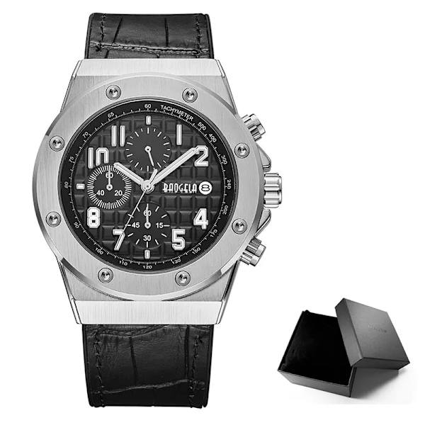 BAOGELA Herr nya kvartsklockor 2019 Vattentät Kronograf Casual Lysande Watch Man Läderrem Relogios 1805 Blå 1805Silver black-Box