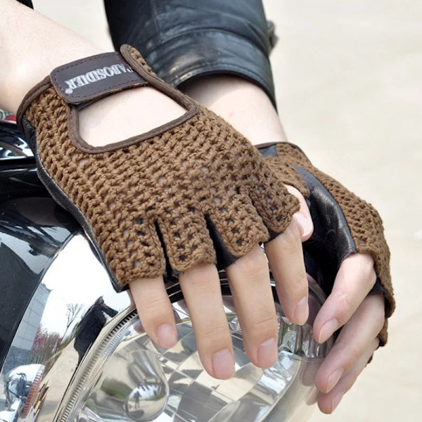 Fingerlösa handskar i läder och mesh Motocross Fisknät Bilkörning Taktiska handskar Motorcykeltillbehör Arbetscykling Herrhandskar Gloves C
