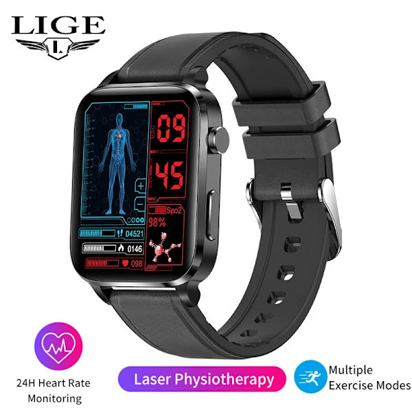 LIGE SmartWatch Män Laserassisterad terapi Tre hög puls Blodsocker Hälsa Smartwatch Sömn Kroppstemperaturövervakning belt black