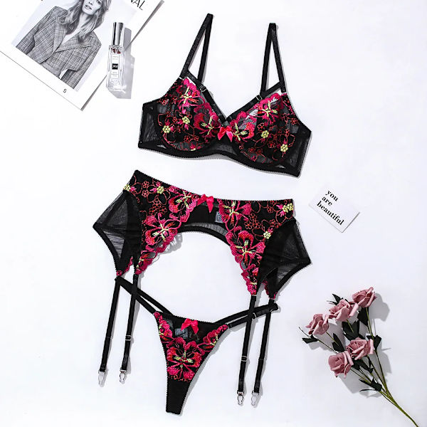 YBFDO Lyxunderkläder Underkläder Broderi Delikat Spets Set Sensuell Transparent BH Sexiga korta hudvårdssatser Black M