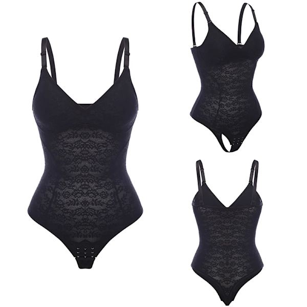 Bodysuit med spets för kvinnor Magkontroll Camisole Shapewear Ärmlös topp Fajas Colombianas V-ringad Backless Jumpsuit Full Body Shaper Black M