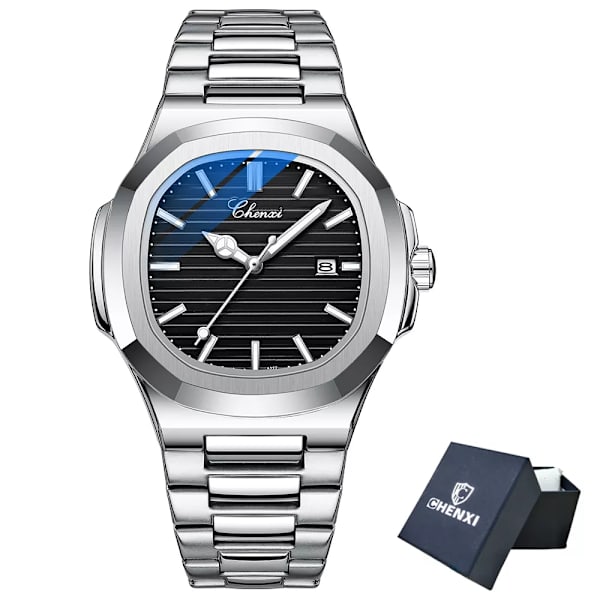 CHENXI 2023 Nya herrklockor Business Clock Top Lyxmärke Quartz Watch Rostfritt stål Vattentät självlysande armbandsur Silver Black Box
