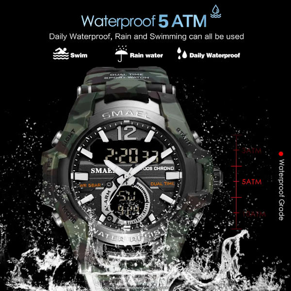 SMAEL Sport Digitala klockor för män Army Kamouflage Simning Armbandsur Väckarklocka Kalender LED Bakgrundsbelysning Dual Time Watch 1805 Camo Khaki-Box