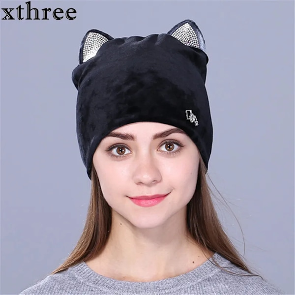 Xthree Flanell Autumn Skullies Beanies för Kvinnor Vinterhatt Söt Kitty Barnhatt för Flickor Gorras Khaki
