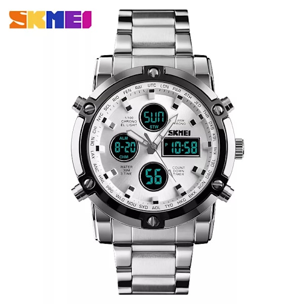 Herrklockor Dual Display LED Digital Vattentät Full Steel Quartz Watch Herrklocka Lyxmärke Relojes SKMEI 2018 Silver