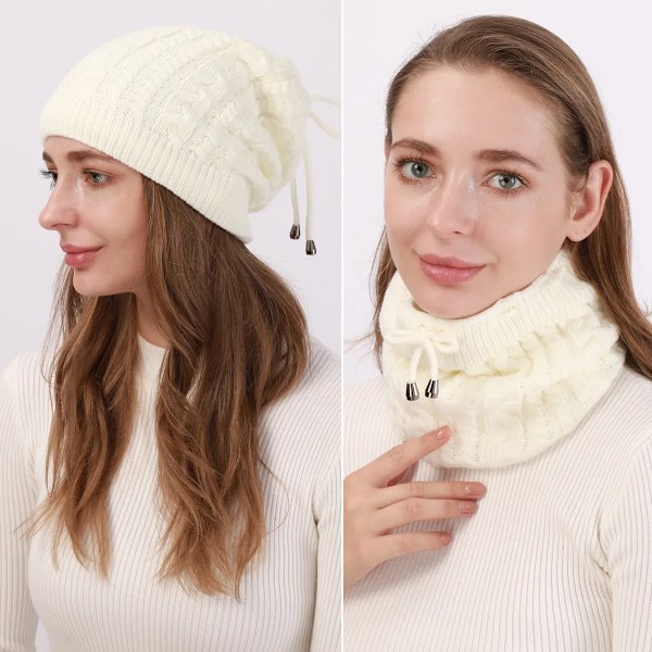 Mode Stretchig Stickad Skullies Beanies Hatt Solid Snood Halsduk Varm Beanie För Kvinnor Höst Vinter Kvinnlig Beanie Mössa New White One Size